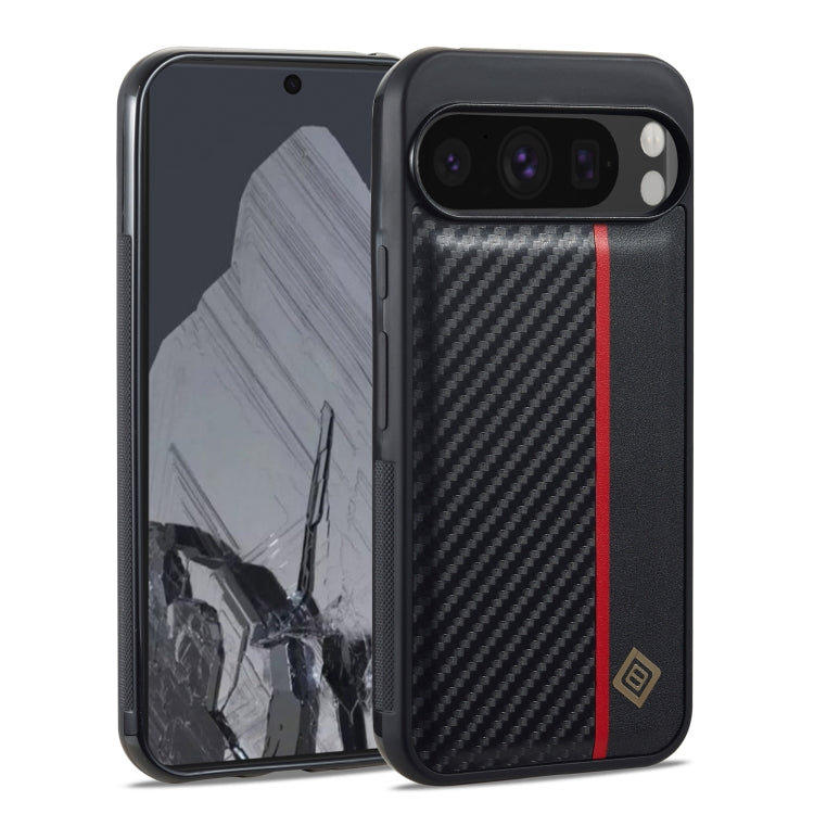 Shockproof carbon-fiber phone case, black with red stripe, front and back view