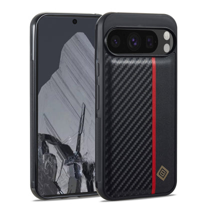 Shockproof carbon-fiber phone case, black with red stripe, dual-lens camera openings