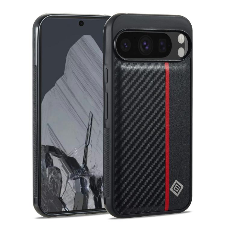 Shockproof phone case, black carbon-fiber texture with red stripe, raised camera area