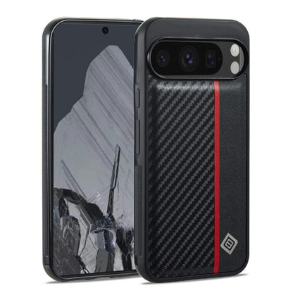 Shockproof phone case, black carbon-fiber texture with red stripe, raised camera area