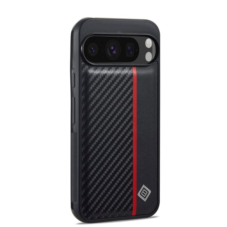 Shockproof carbon-fiber phone case, black with red stripe, back view with camera openings