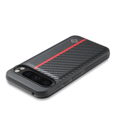 Shockproof carbon-fiber phone case, black with red stripe, side button and port cutouts