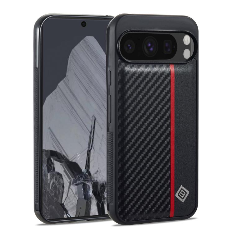 Shockproof carbon-fiber phone case, black with red accent stripe, camera bezel detail