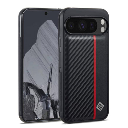 Shockproof carbon-fiber phone case, black with red accent stripe, camera bezel detail