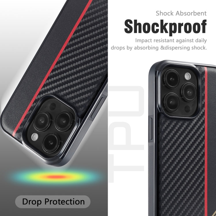 Shockproof carbon fiber phone case with red stripe and deep camera protection
