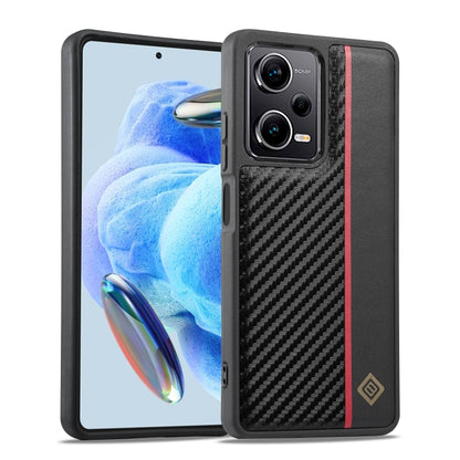 Shockproof phone case with carbon fiber texture, black with red stripe, raised camera frame