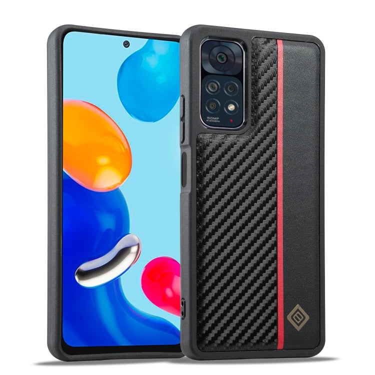 Black shockproof phone case with carbon fiber texture and red side stripe, camera module cutout