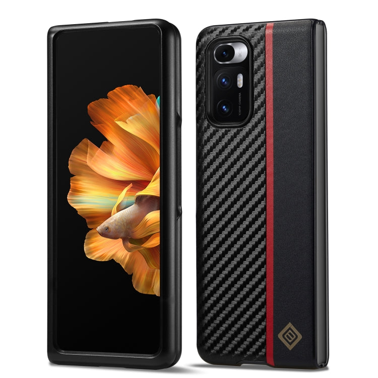 Shockproof phone case with carbon fiber back, black with red stripe, camera and flash openings