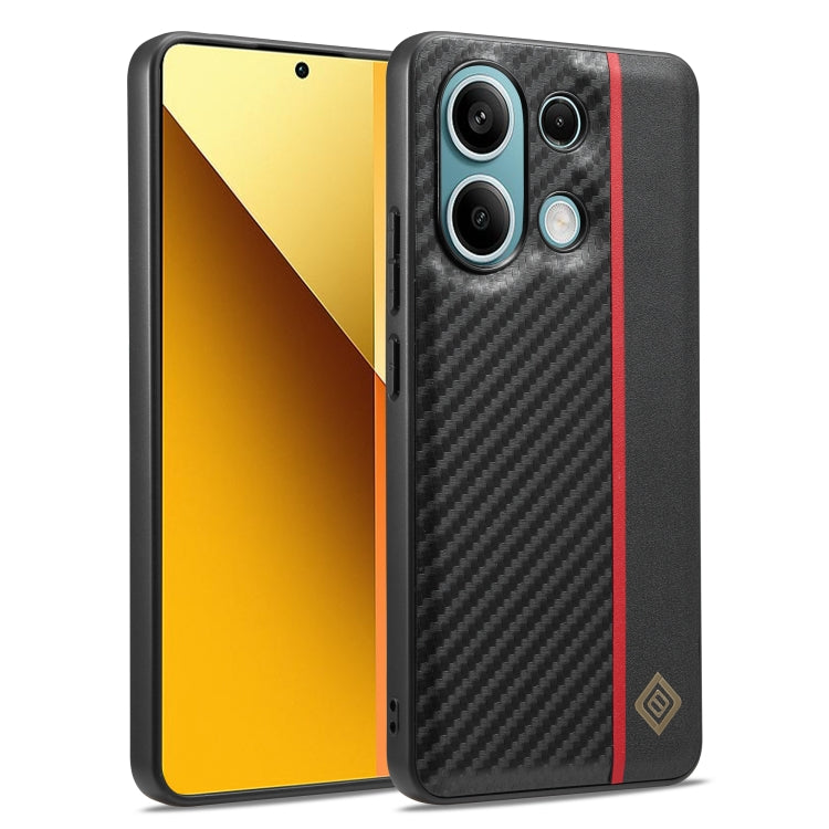 Carbon fiber-texture shockproof phone case, black with red stripe, camera cutouts