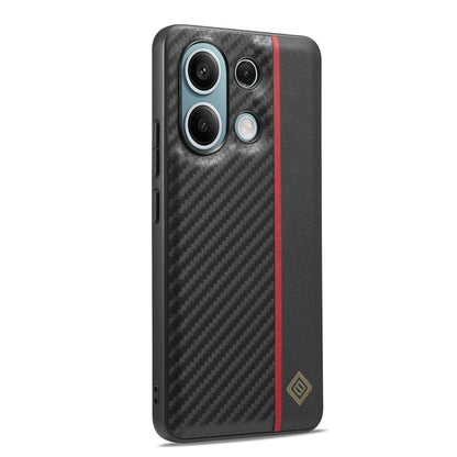 Shockproof phone case with carbon fiber texture, black back, red side stripe, camera rings
