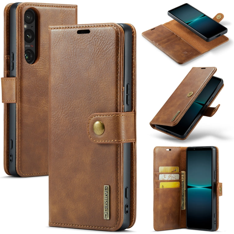DG.MING Crazy Horse leather phone case, brown, front view with magnetic detachable flap