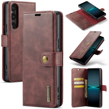 DG.MING Crazy Horse leather phone case, red-brown, front view with magnetic detachable flap