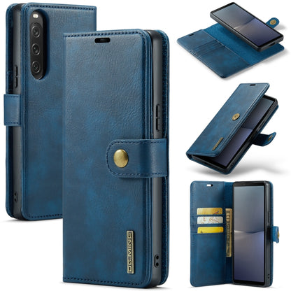 Blue leather folio phone case with detachable magnetic cover and front wallet flap
