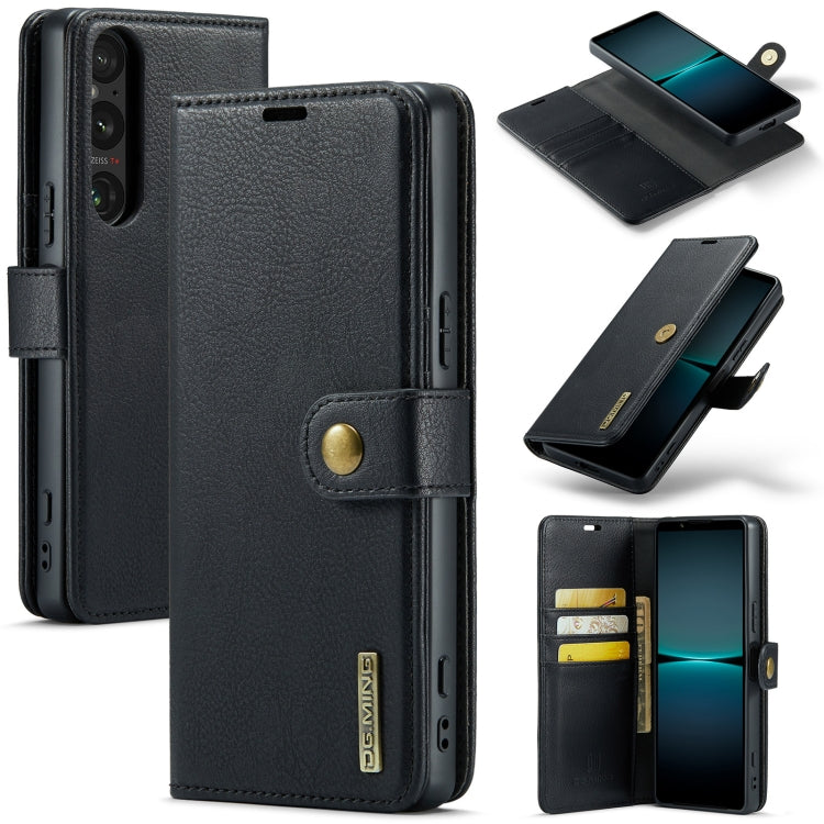 DG.MING Crazy Horse leather phone case, black, magnetic detachable cover with card slots