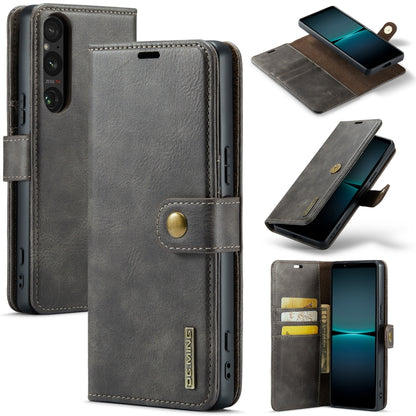 DG.MING Crazy Horse leather phone case, grey, magnetic detachable cover with card slots