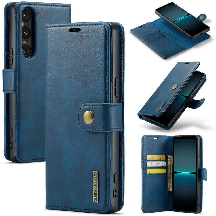 DG.MING Crazy Horse leather phone case, blue, front view with magnetic detachable flap