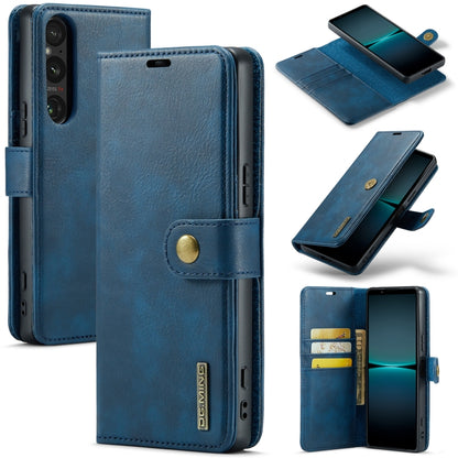 DG.MING Crazy Horse leather phone case, blue, front view with magnetic detachable flap
