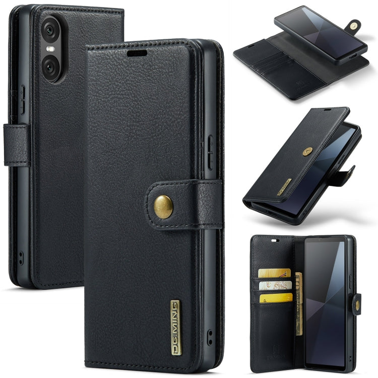 Black leather folio phone case with detachable magnetic stand and card slots