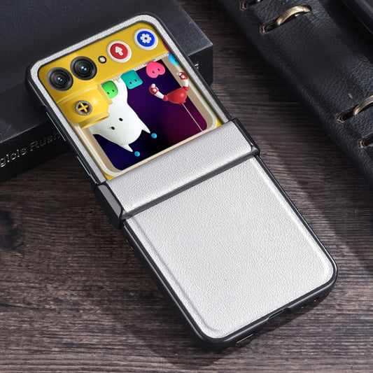 Three-stage folding leather-texture phone case, silver front with hinged cover.