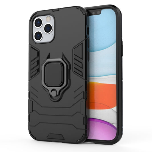 Black shockproof phone case with raised edges and magnetic ring holder for iPhone 12 models