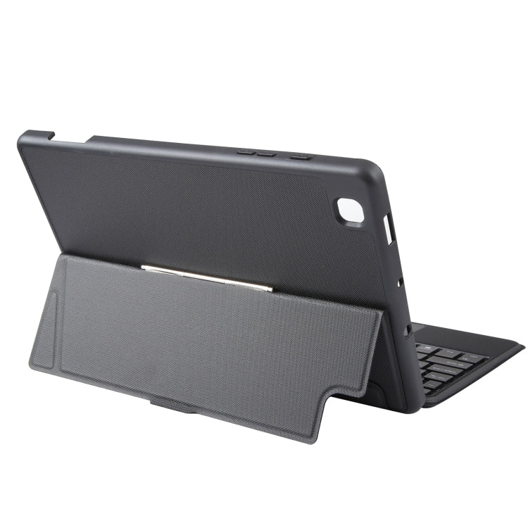 Black folio-style tablet case with stand and keyboard cover in a folded position