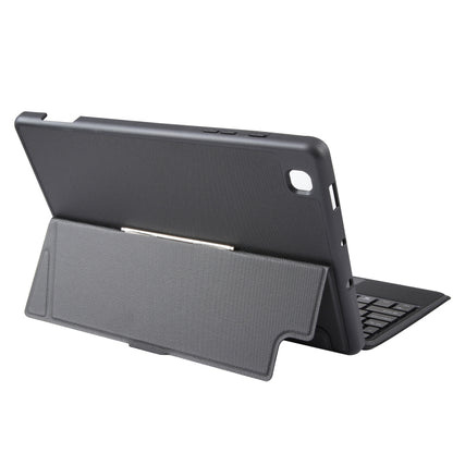 Black folio-style tablet case with stand and keyboard cover in a folded position