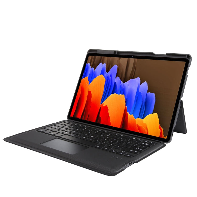 Bluetooth keyboard tablet case with pivot stand, dark textured exterior, angled view