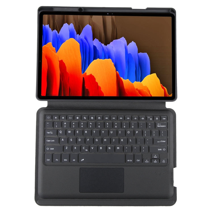 Bluetooth keyboard tablet case with built-in keys and trackpad, dark open case