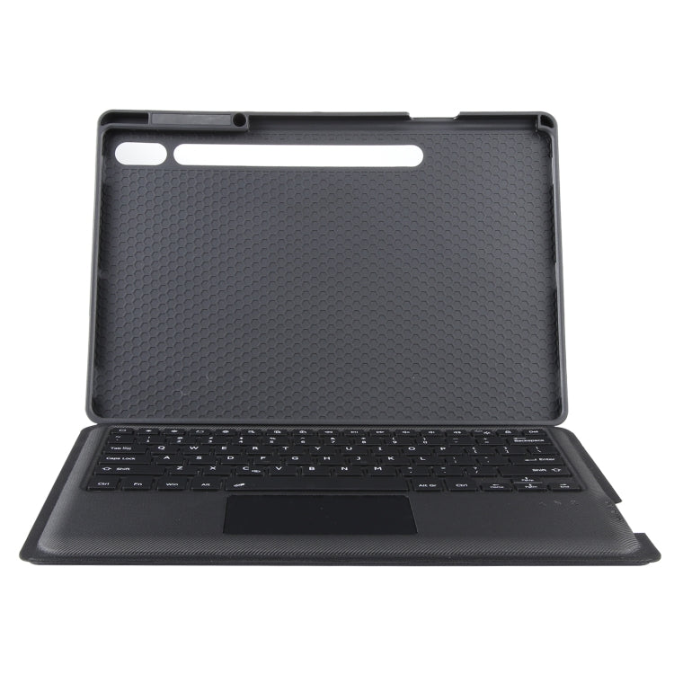 Textured tablet case back with camera cutout, keyboard folded underneath, dark