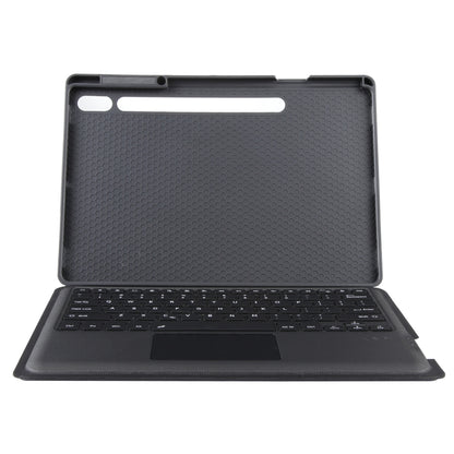 Textured tablet case back with camera cutout, keyboard folded underneath, dark