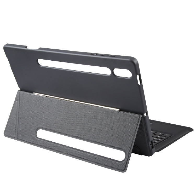 Pivoting tablet keyboard case with dark stand arms and raised hinge, side angle