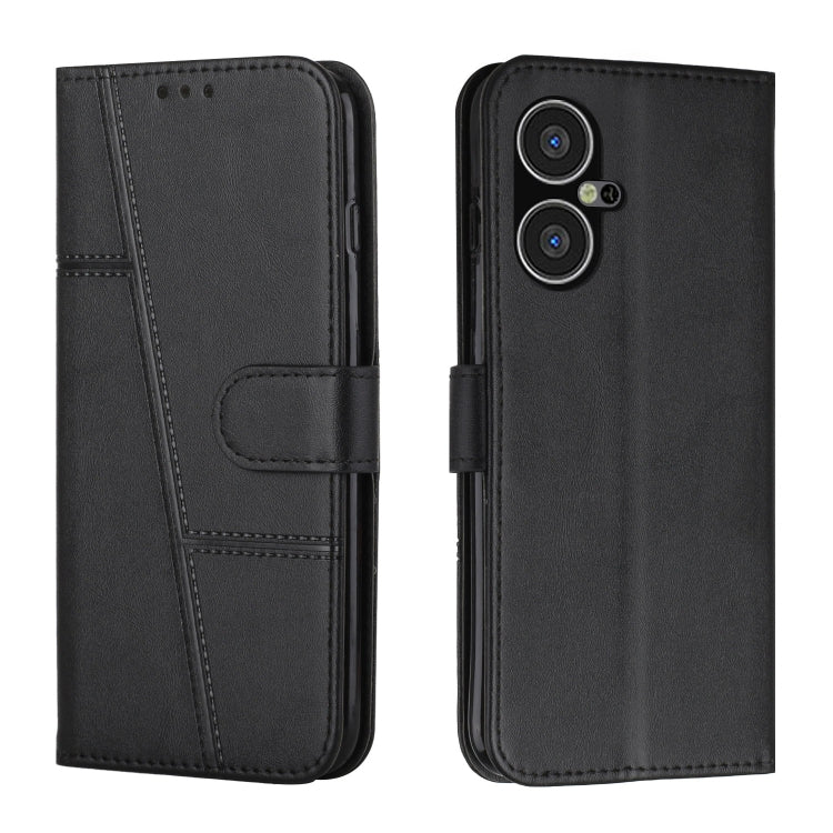 Black leather phone case with buckle, front flap and dual camera cutouts