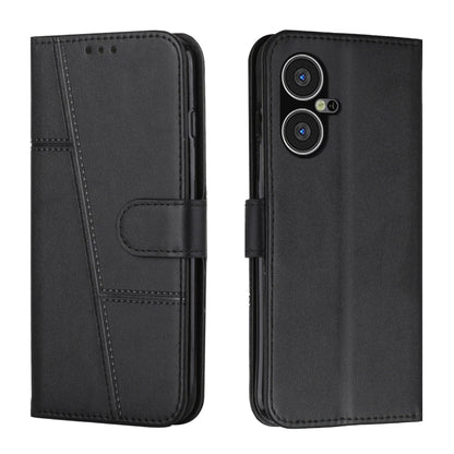 Black leather phone case with buckle, front flap and dual camera cutouts