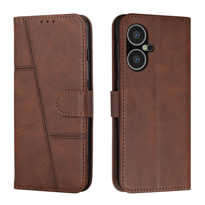 Brown leather phone case with buckle, front flap and dual camera cutouts