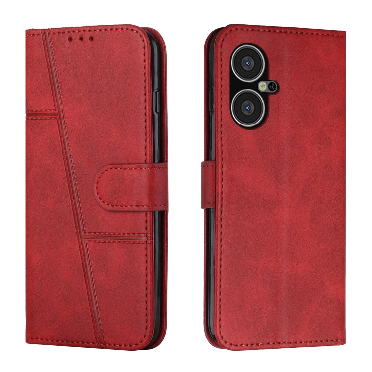 Red leather phone case with buckle, front flap and dual camera cutouts