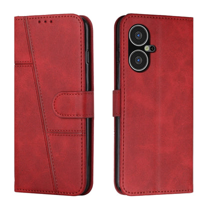 Red leather phone case with buckle, front flap and dual camera cutouts