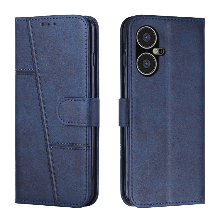 Blue leather phone case with buckle, front flap and dual camera cutouts