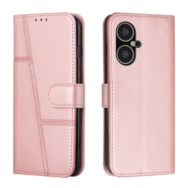 Rose pink leather flip phone case with stitched texture and buckle closure.