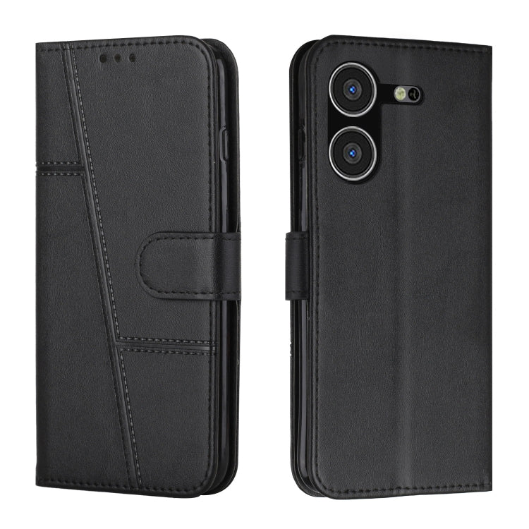 Black leather flip phone case with stitched texture and buckle closure.
