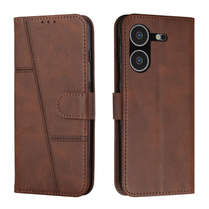 Brown leather flip phone case with stitched texture and buckle closure.
