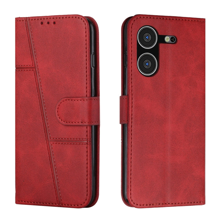 Red leather flip phone case with stitched texture and buckle closure.