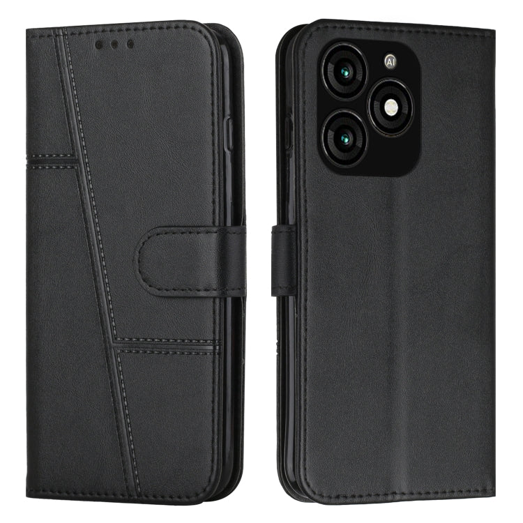 Black leather phone case with buckle and stitched texture; front flap and multi-camera cutout