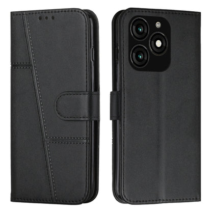 Black leather phone case with buckle and stitched texture; front flap and multi-camera cutout