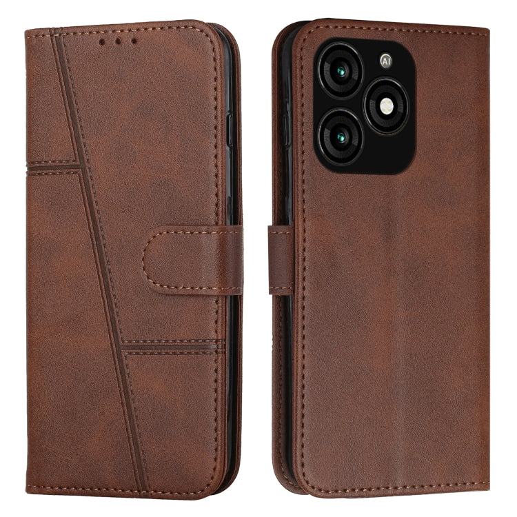Tan leather phone case with buckle and stitched texture; front flap and multi-camera cutout
