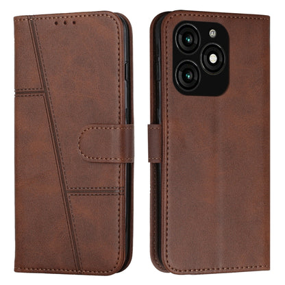 Tan leather phone case with buckle and stitched texture; front flap and multi-camera cutout