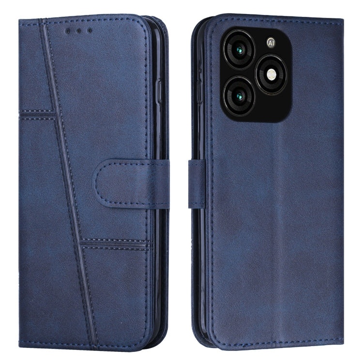 Blue leather phone case with buckle and stitched texture; slim front flap and camera cutout
