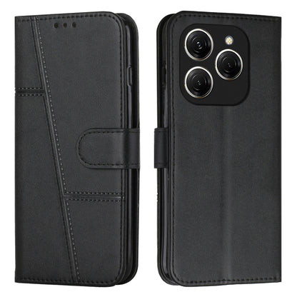 Black leather phone case with buckle and camera cutout, folio cover with stitching