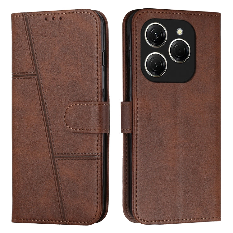 Brown leather phone case with buckle and camera cutout, folio cover with stitching