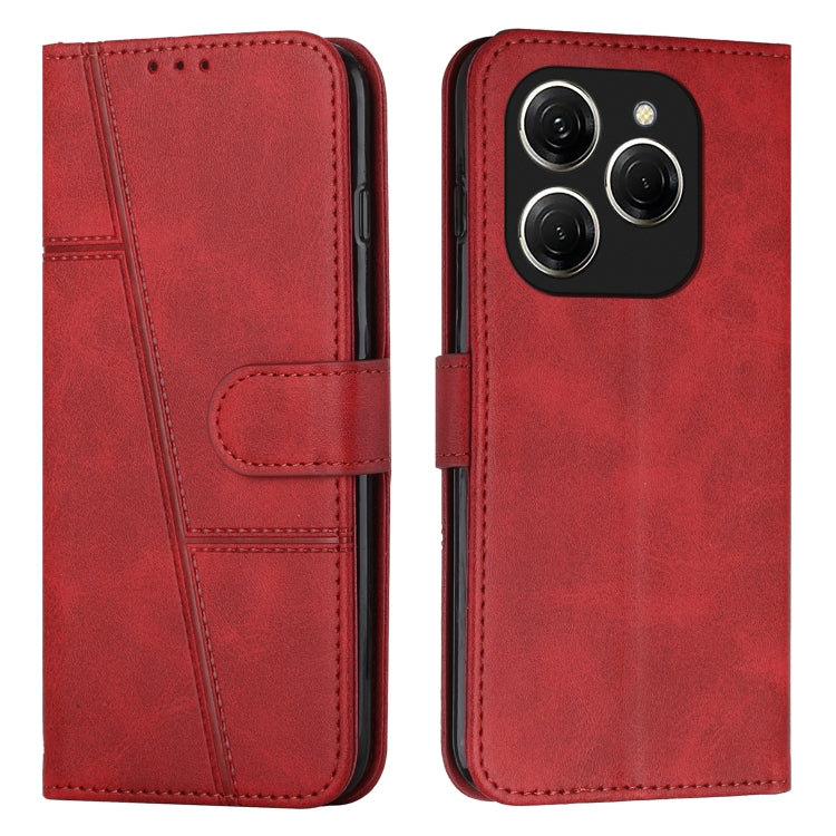 Red leather phone case with buckle and stitched texture; front flap and multi-camera cutout