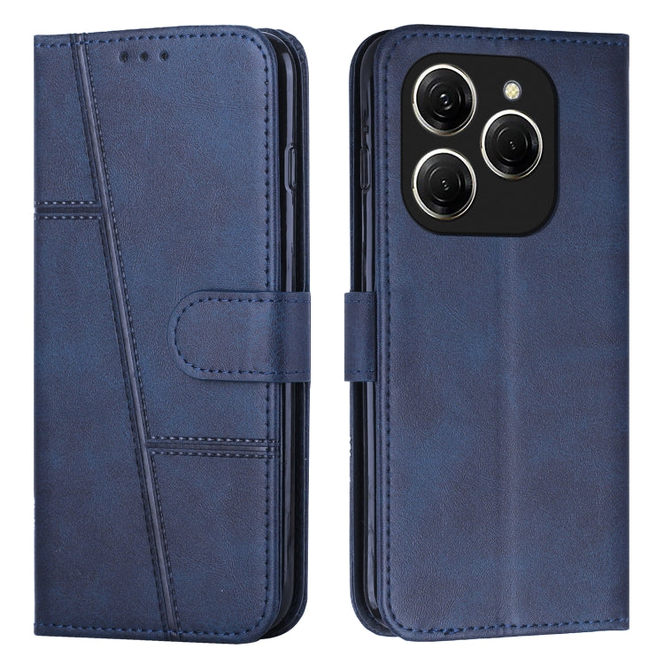 Blue leather phone case with buckle and stitched texture; front flap and multi-camera cutout
